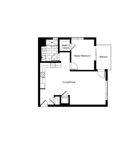 Floor plan for 1 bed, 1 bath, 716 sqft